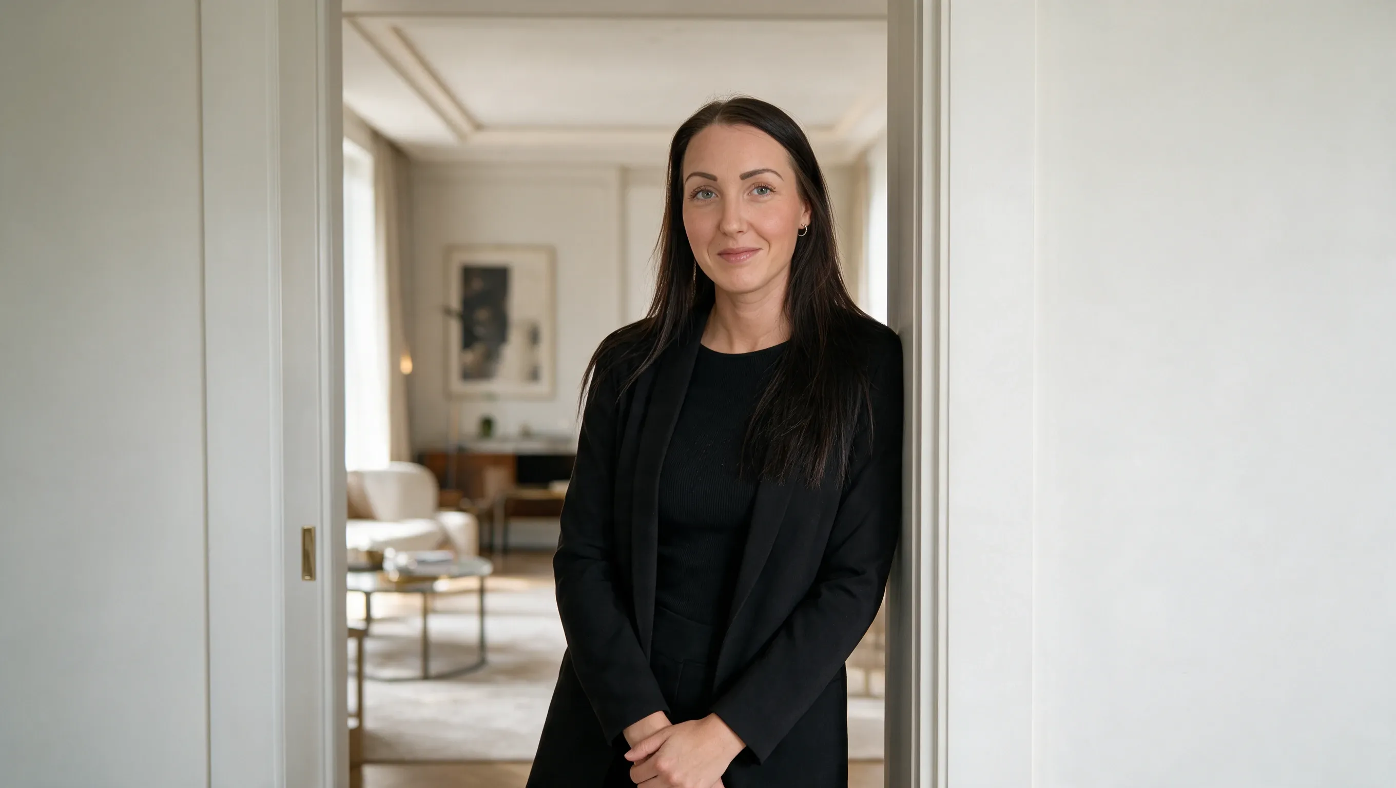 Michelle fra Shinely i døråbningen til en lys stue