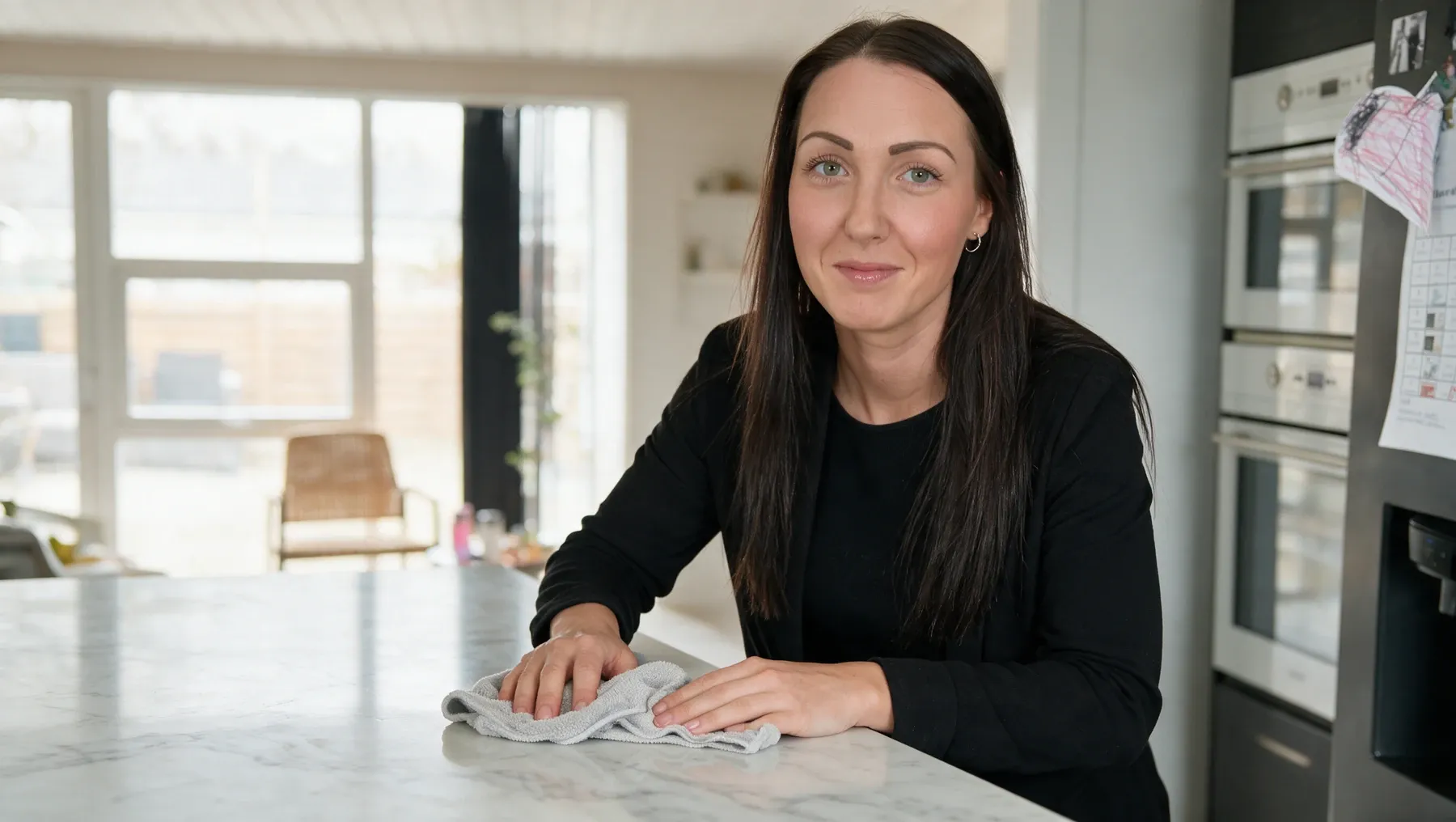 Shinely-medarbejder tørrer en marmorbordplade af i et privat hjem