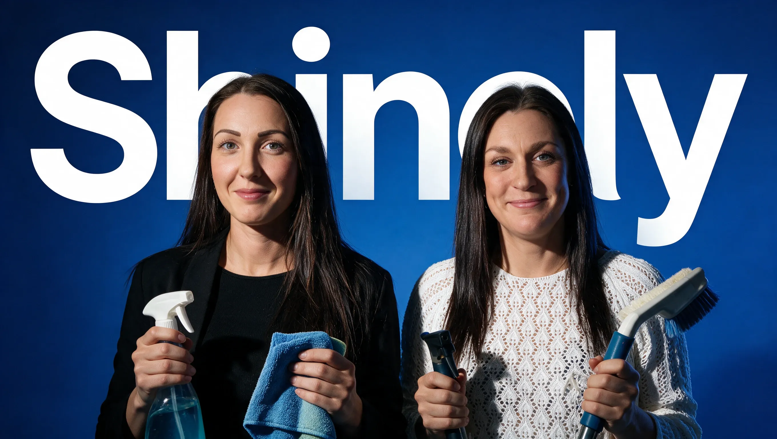 Michelle og Ditte, kvinderne bag Shinely, med rengøringsmidler og børster foran et blåt Shinely-banner