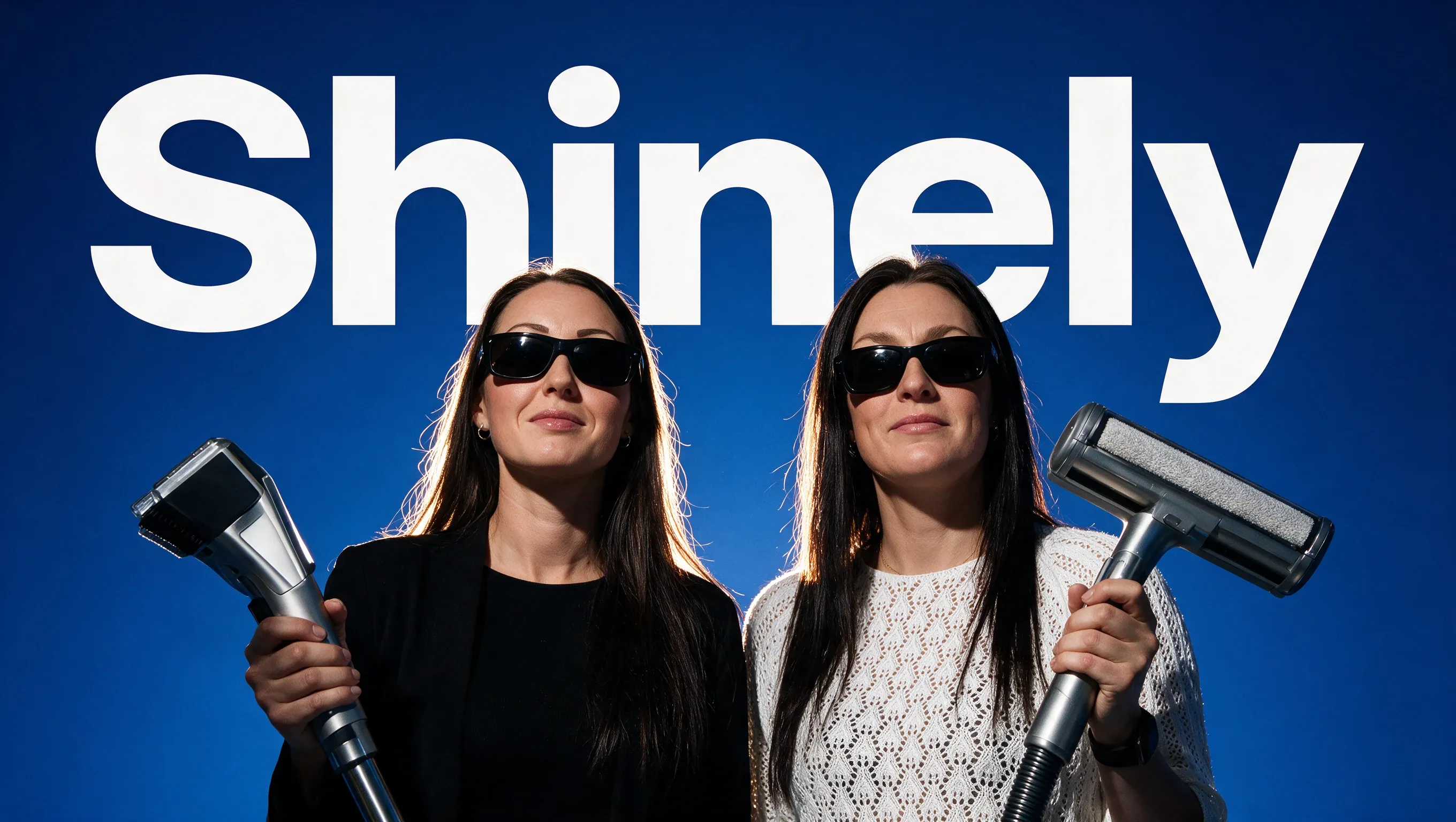 Michelle og Ditte med solbriller og rengøringsredskaber foran et blåt Shinely-banner